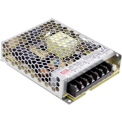 Alimentatore metallico con motivo a nido d'ape sulla superficie superiore, sei connettori neri visibili a destra, modello LRS-100-24.