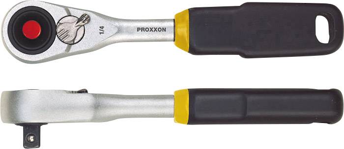 'Cricchetto con innesto girevole di Proxxon, design argento-nero-giallo. Vista laterale in alto, vista frontale in basso con testa da 1/4 di pollice.'