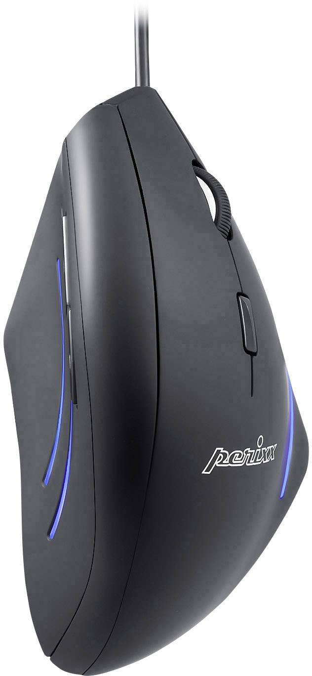 Mouse ergonomica verticale nera con illuminazione LED blu sui lati, connessione cablata e rotella di scorrimento.