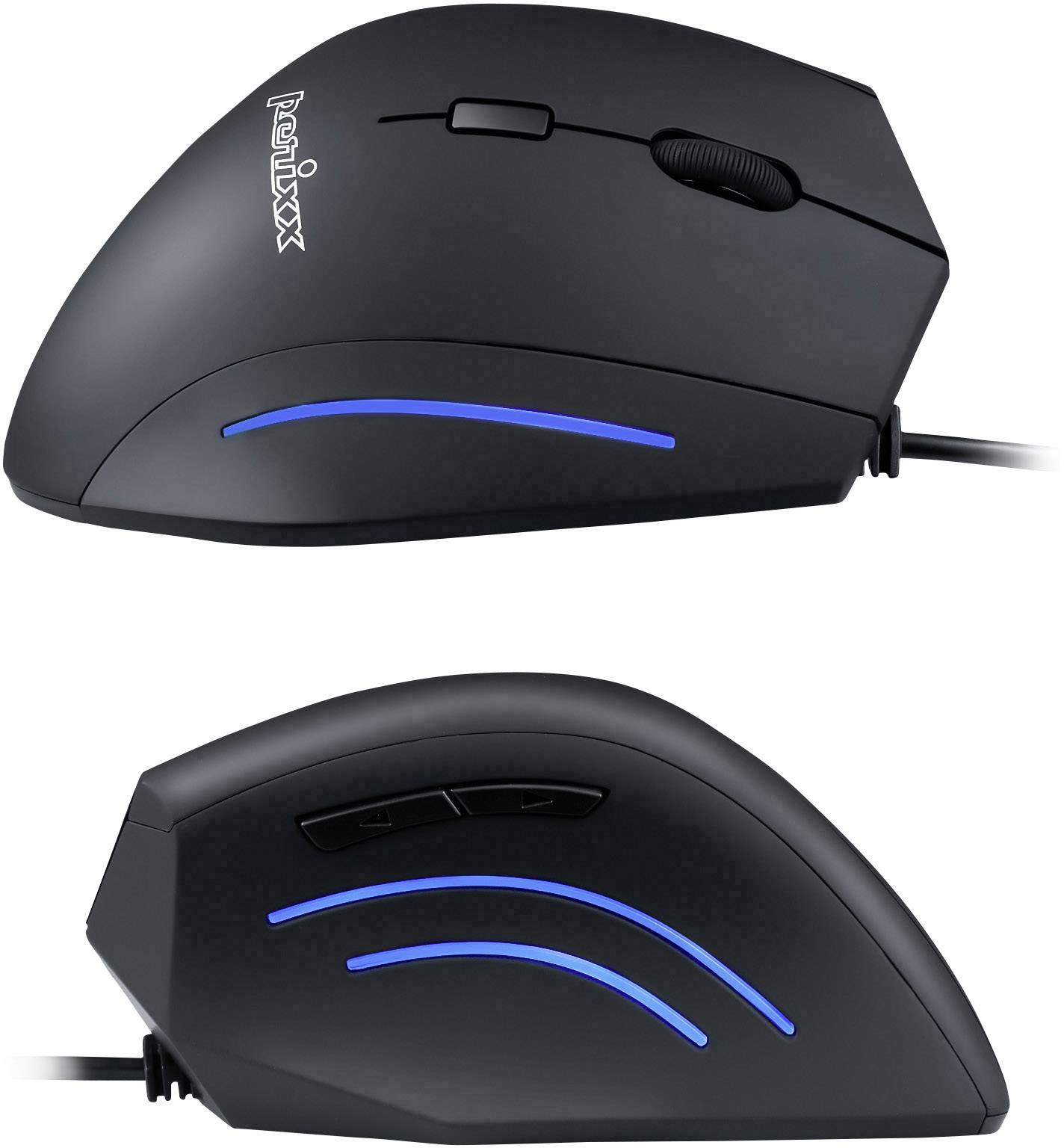 Mouse ergonomica con illuminazione LED blu e tasti laterali aggiuntivi, ideale per un lavoro confortevole e per il gaming.