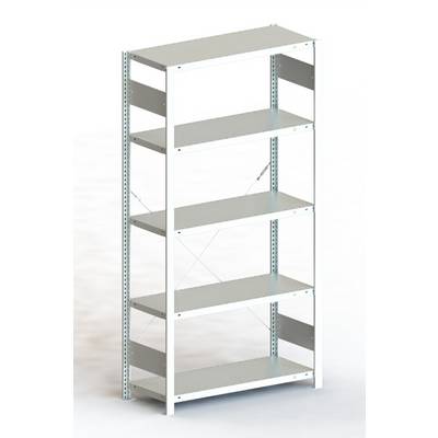 Uno scaffale metallico stabile di colore bianco con cinque ripiani aperti. Ideale per lo stoccaggio in officine, magazzini o uffici.