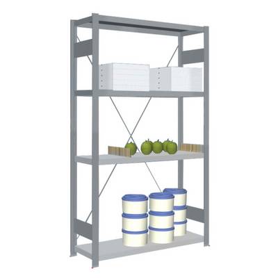 Scaffale metallico con tre ripiani: in alto scatole bianche, al centro mele verdi e in basso contenitori bianchi con coperchi blu.