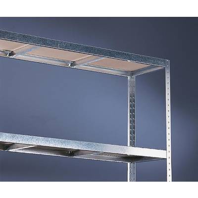 Scaffalatura metallica a due ripiani su sfondo blu, che mostra il design robusto e la struttura solida della scaffalatura.