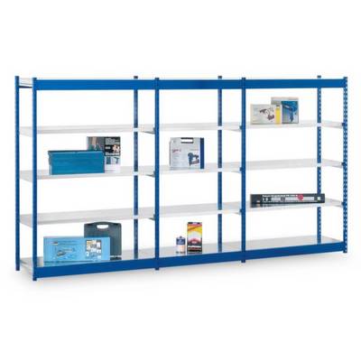 Un grande scaffale blu con diversi ripiani, sui quali sono disposti vari scatoli e cassette degli attrezzi.