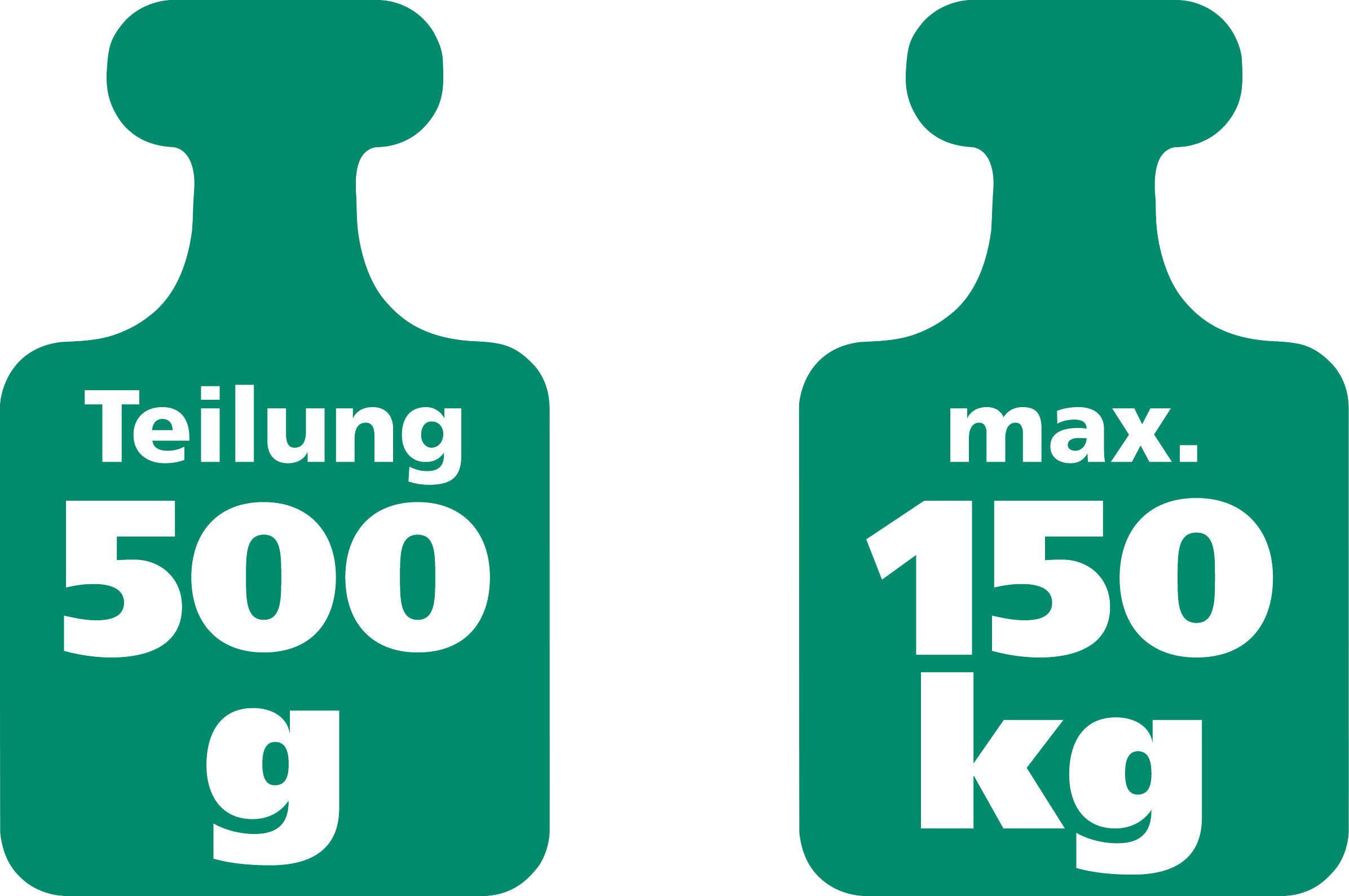 Immagine verde con due pesi: a sinistra 'Divisione 500 g', a destra 'max. 150 kg'. Indicatori per limite di peso e divisione.