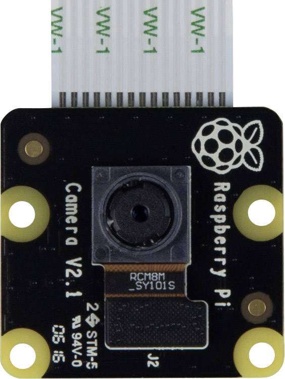 Scheda della fotocamera con lente e logo Raspberry Pi, etichettata 'Camera V2.1'. Collegata tramite cavi bianchi.