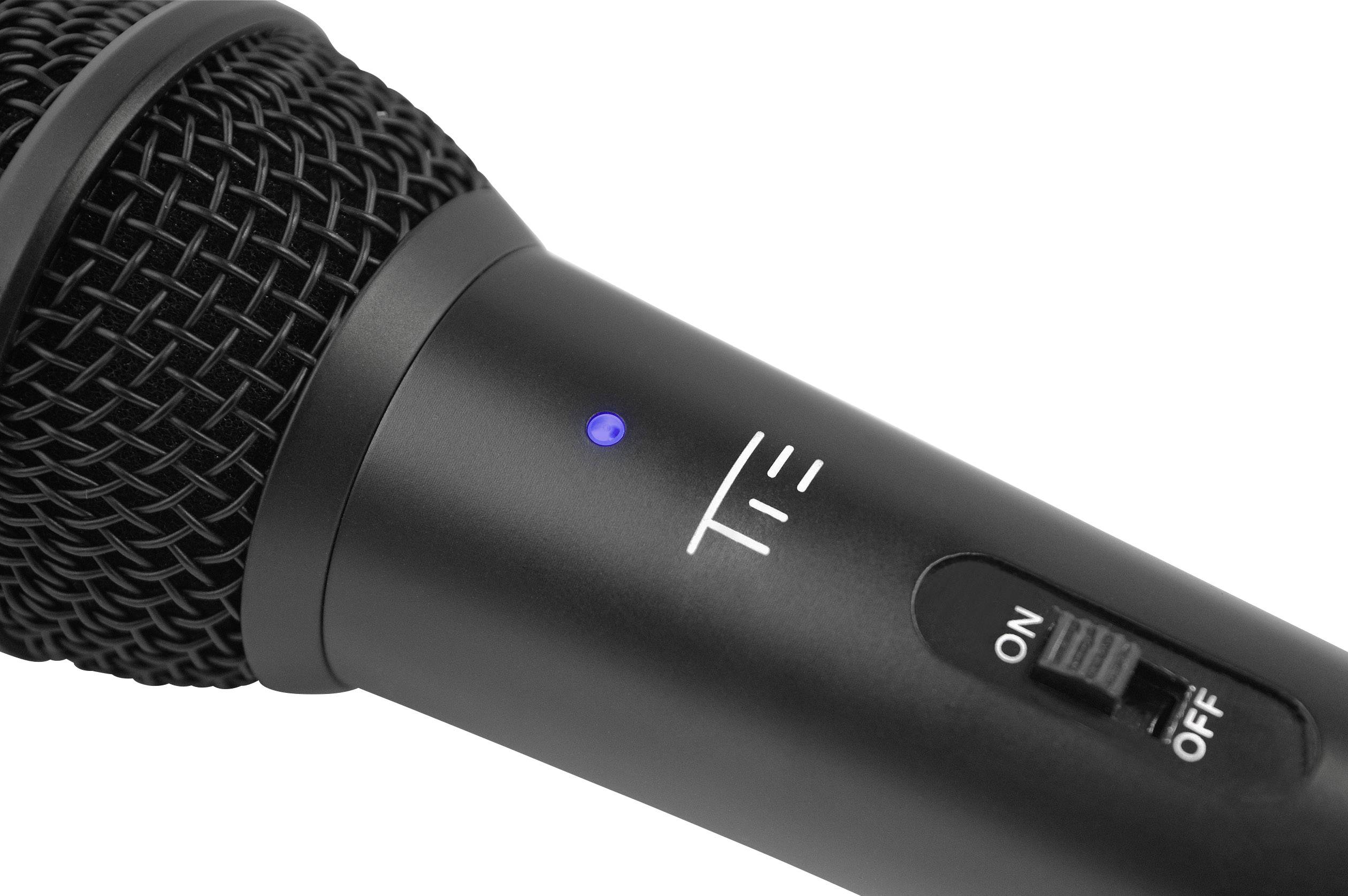 Microfono nero con interruttore di accensione/spegnimento, luce blu accesa, indica che è acceso.