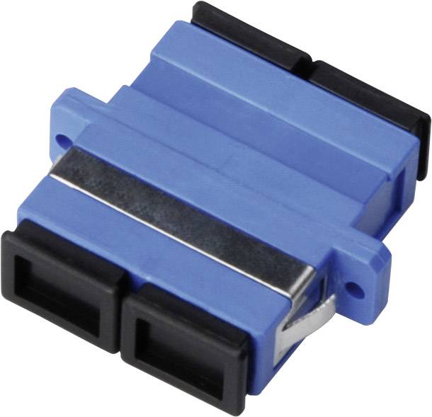 Un adattatore ottico blu con due connettori neri. Collega cavi in fibra ottica per la trasmissione del segnale.