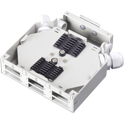 Un quadro elettrico bianco con più slot e connessioni nere, visibili due pressacavi.