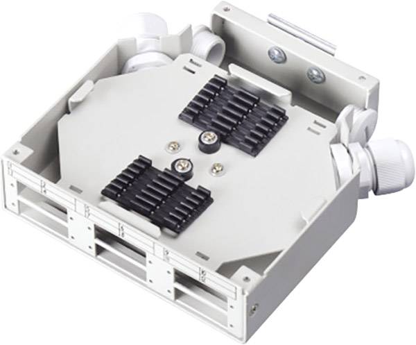 Un pannello di distribuzione ottico bianco con diversi ingressi per cavi e una serie di moduli di connessione neri sulla parte superiore.