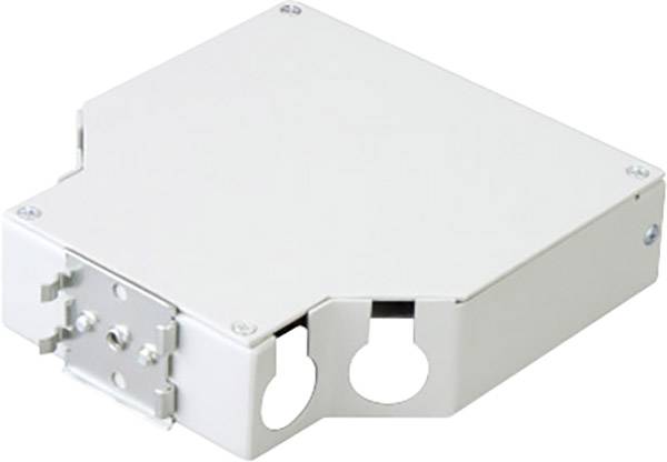 Un involucro metallico bianco, quadrato, con angoli arrotondati e due aperture per cavi su un lato, idoneo al montaggio a parete.