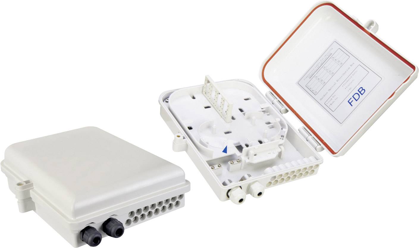 Due scatole di giunzione aperte con aperture per cavi e un coperchio diagramma, per la gestione dei cavi in applicazioni di telecomunicazione.