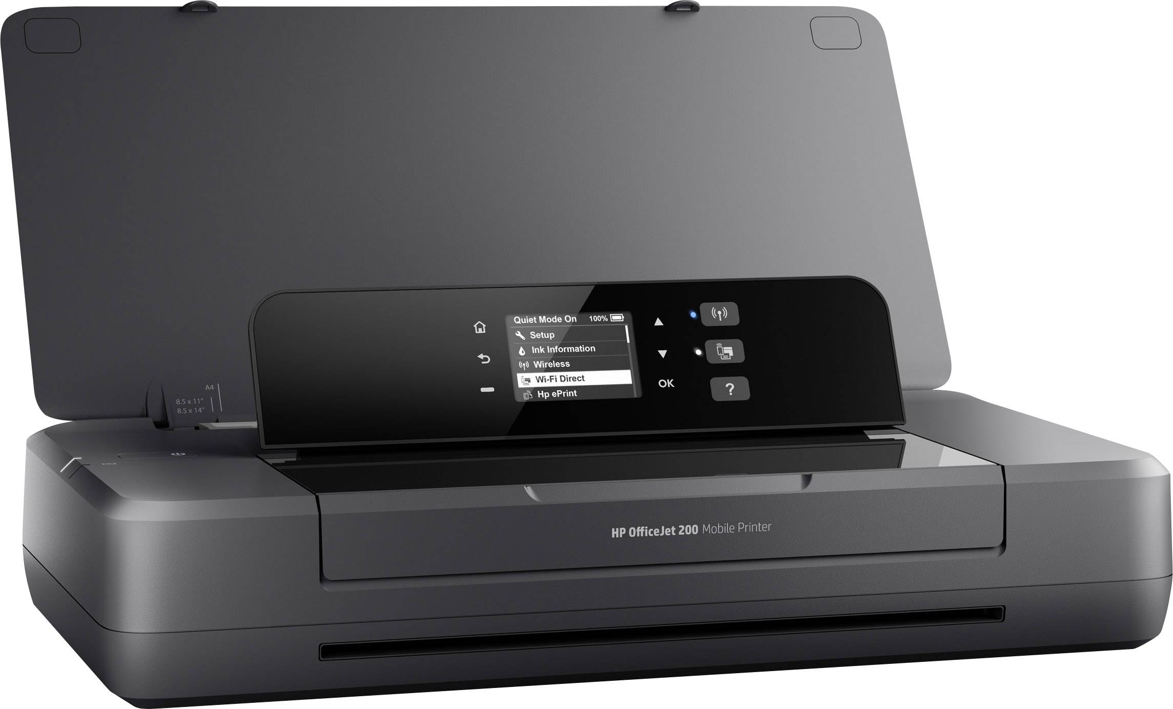 Stampante mobile con vano aperto e display digitale. Dispositivo di colore nero opaco e compatto, ideale per uso in viaggio o per l'home office.