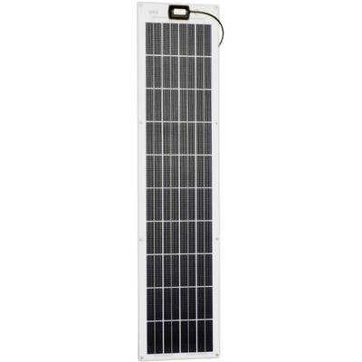 Pannello solare sottile e allungato con più celle nere disposte in file. Cavo di connessione in alto. Ideale per un utilizzo solare che risparmia spazio.