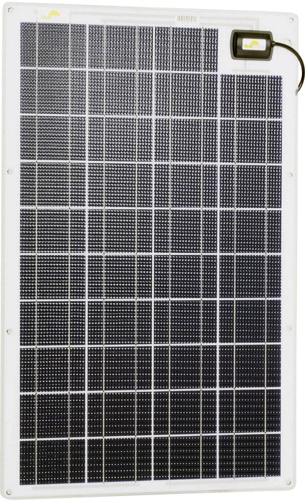 Pannello solare con motivo a griglia rettangolare e connessione dei cavi in alto a destra.