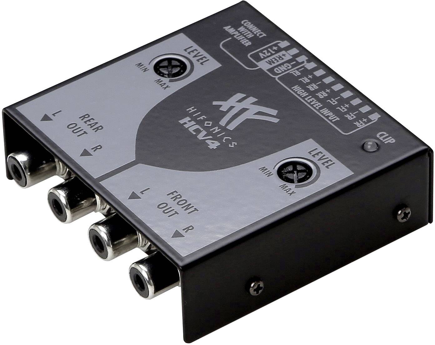 Amplificatore audio con multiple ingressi e controlli per la regolazione del suono; le etichette indicano "REAR OUT" e "FRONT OUT".