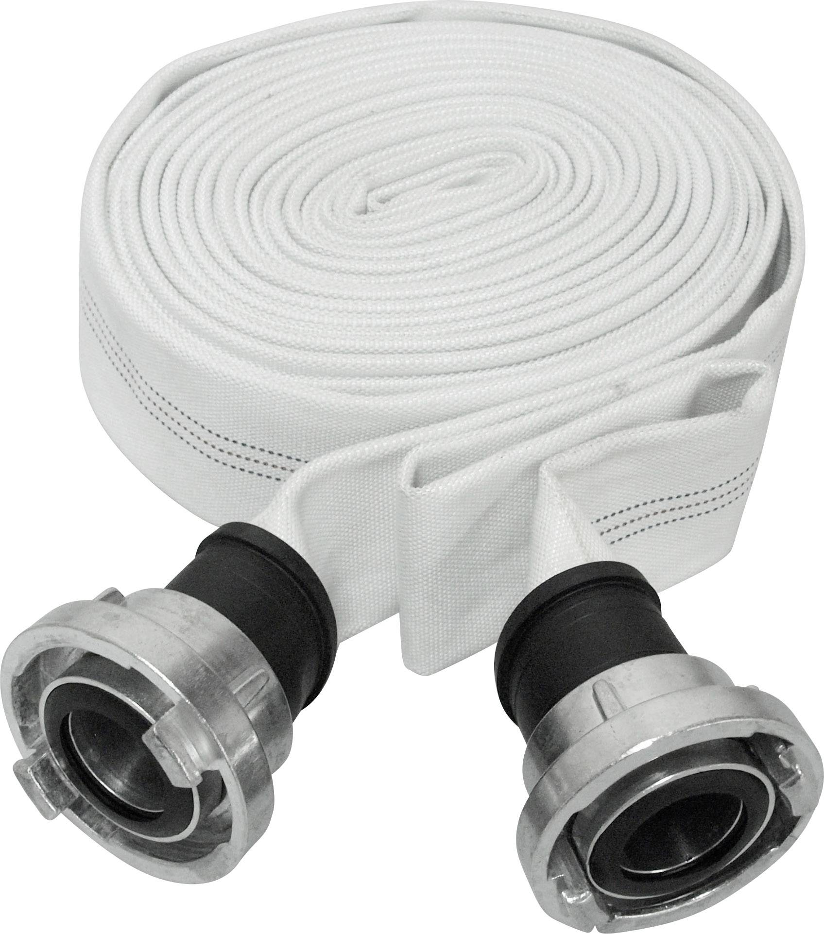 Un tubo antincendio arrotolato, bianco, con due raccordi metallici. Questi tubi vengono utilizzati per il trasporto dell'acqua durante gli interventi antincendio.