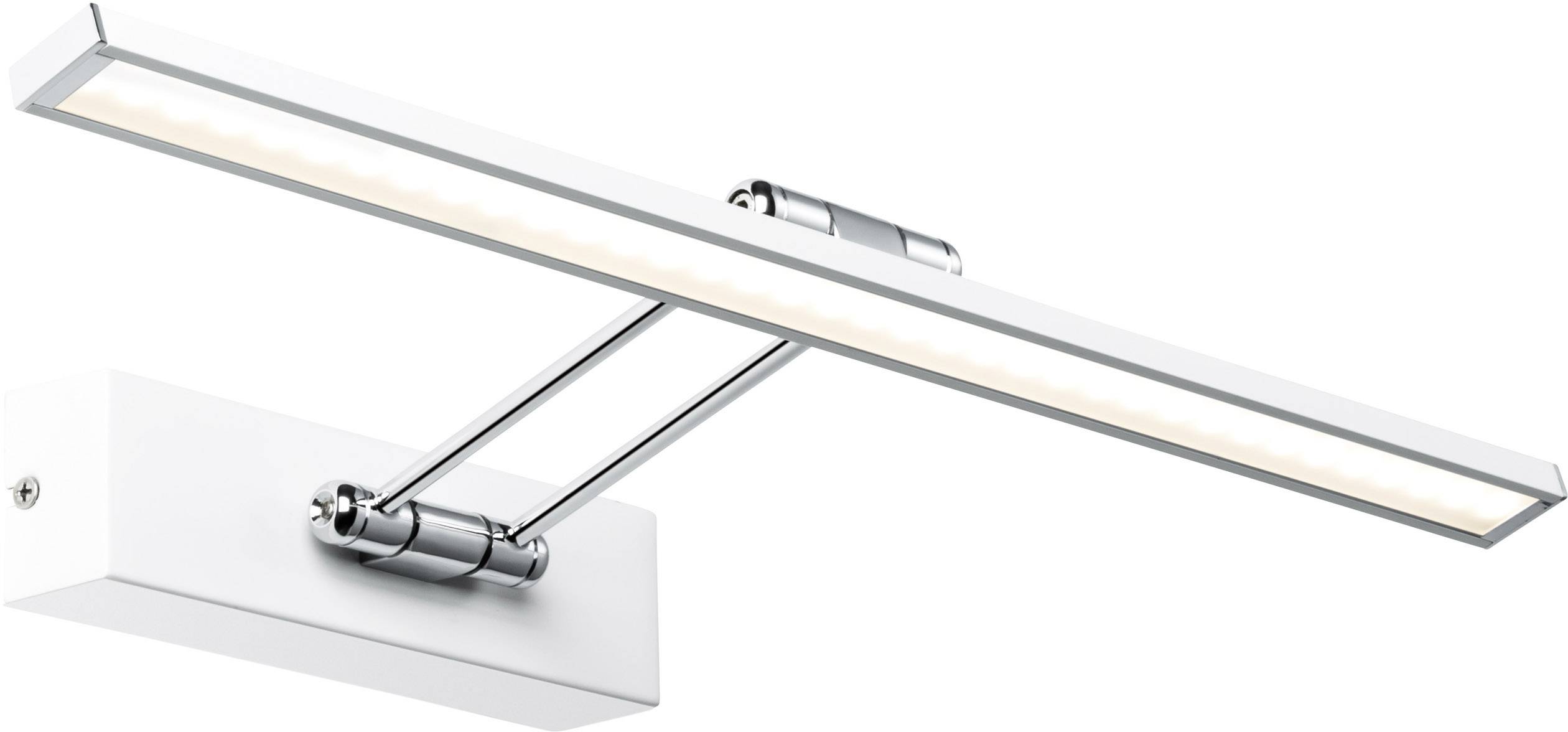 Lampada LED per quadri con cornice in metallo argentata e supporto da parete rettangolare bianco. Ideale per un'illuminazione uniforme di opere d'arte.