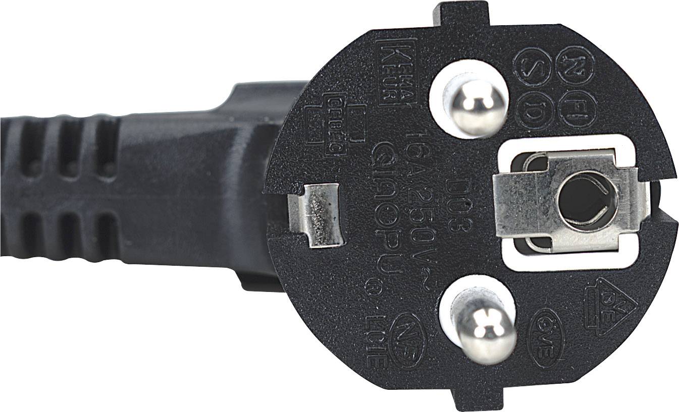 Primo piano di una spina Europlug nera in plastica con due spinotti metallici e un dispositivo di messa a terra rotondo, vista dall'alto.