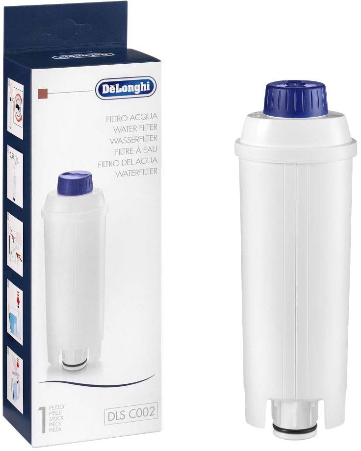 Filtro per acqua con tappo blu accanto alla sua confezione. La confezione mostra il nome del marchio e la scritta 'Filtro per acqua'.