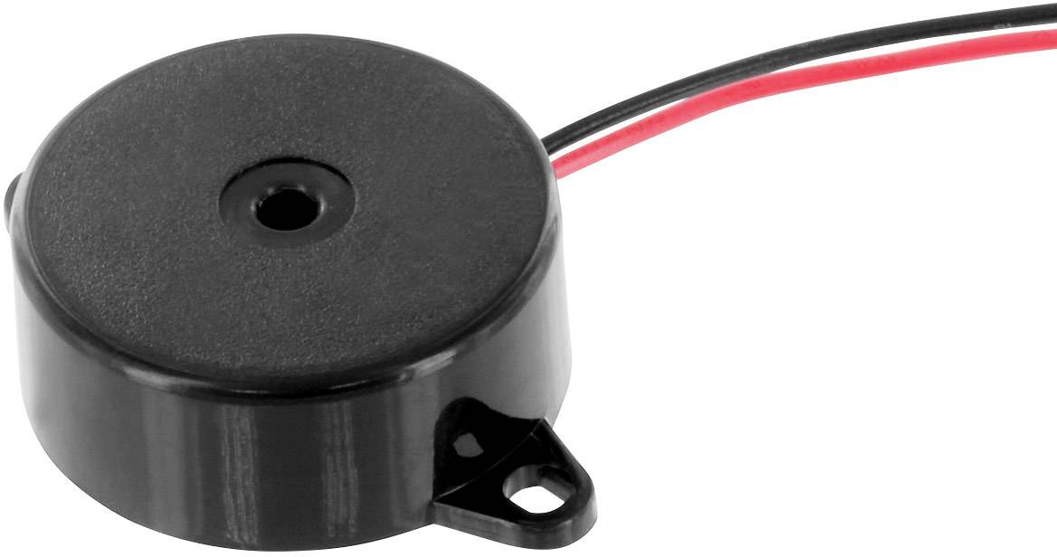 Un cicalino piezoelettrico rotondo nero con due fili (rosso e nero) viene utilizzato per emettere suoni, spesso impiegato in circuiti elettronici.