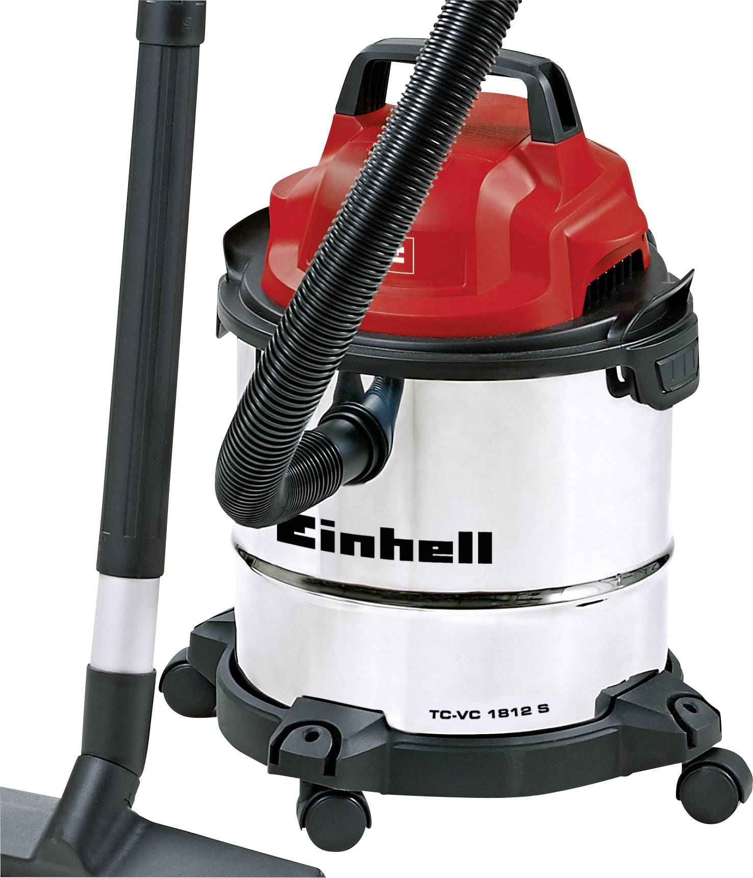 Aspirapolvere industriale per umido e secco con coperchio rosso e tubo nero, logo 'Einhell' sul corpo argentato.