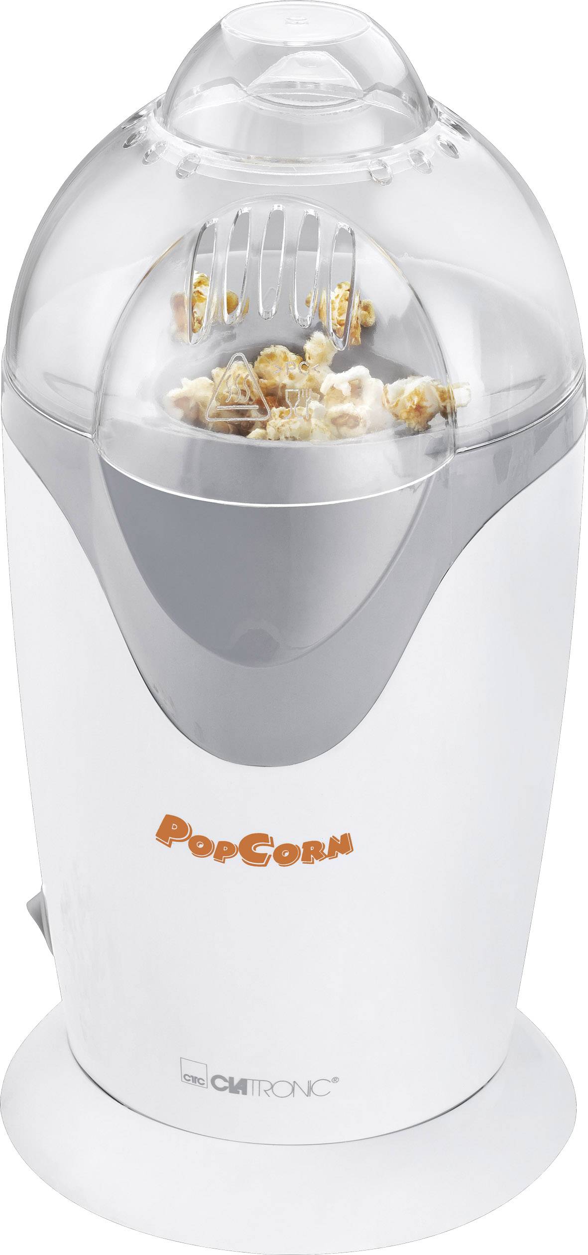 Macchina per popcorn bianca con la scritta 'PopCorn' in arancione, coperchio trasparente, popcorn in fase di preparazione.
