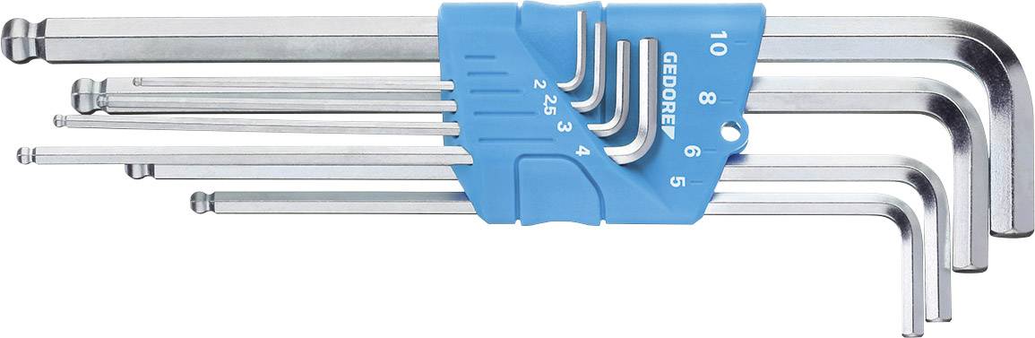 Un set di sette chiavi esagonali a brugola di diverse dimensioni, trattenute da un supporto blu con la scritta 'GEDORE'.