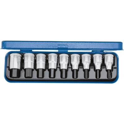 Scatola metallica con nove inserti per chiave esagonale di diverse dimensioni, disposti uno accanto all'altro in un contenitore blu aperto.