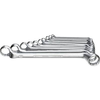 Set di otto chiavi ad anello aperte in acciaio cromo-vanadio, disposte in ordine decrescente di dimensioni, da 6 a 19 mm.