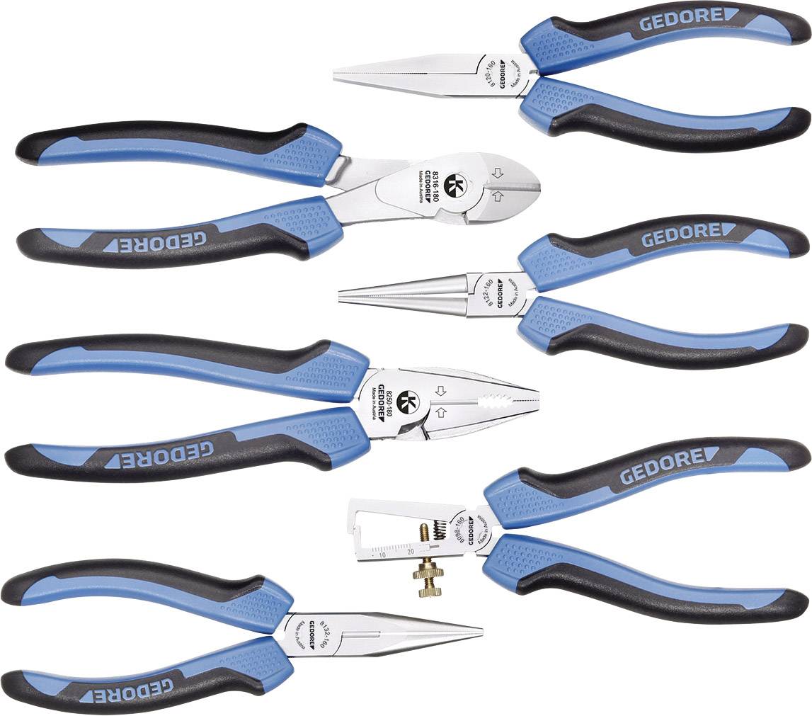 Sei diversi tipi di pinze con manici blu, marchio 'Gedore', disposti su sfondo bianco. Diversi tipi di pinze per applicazioni differenti.