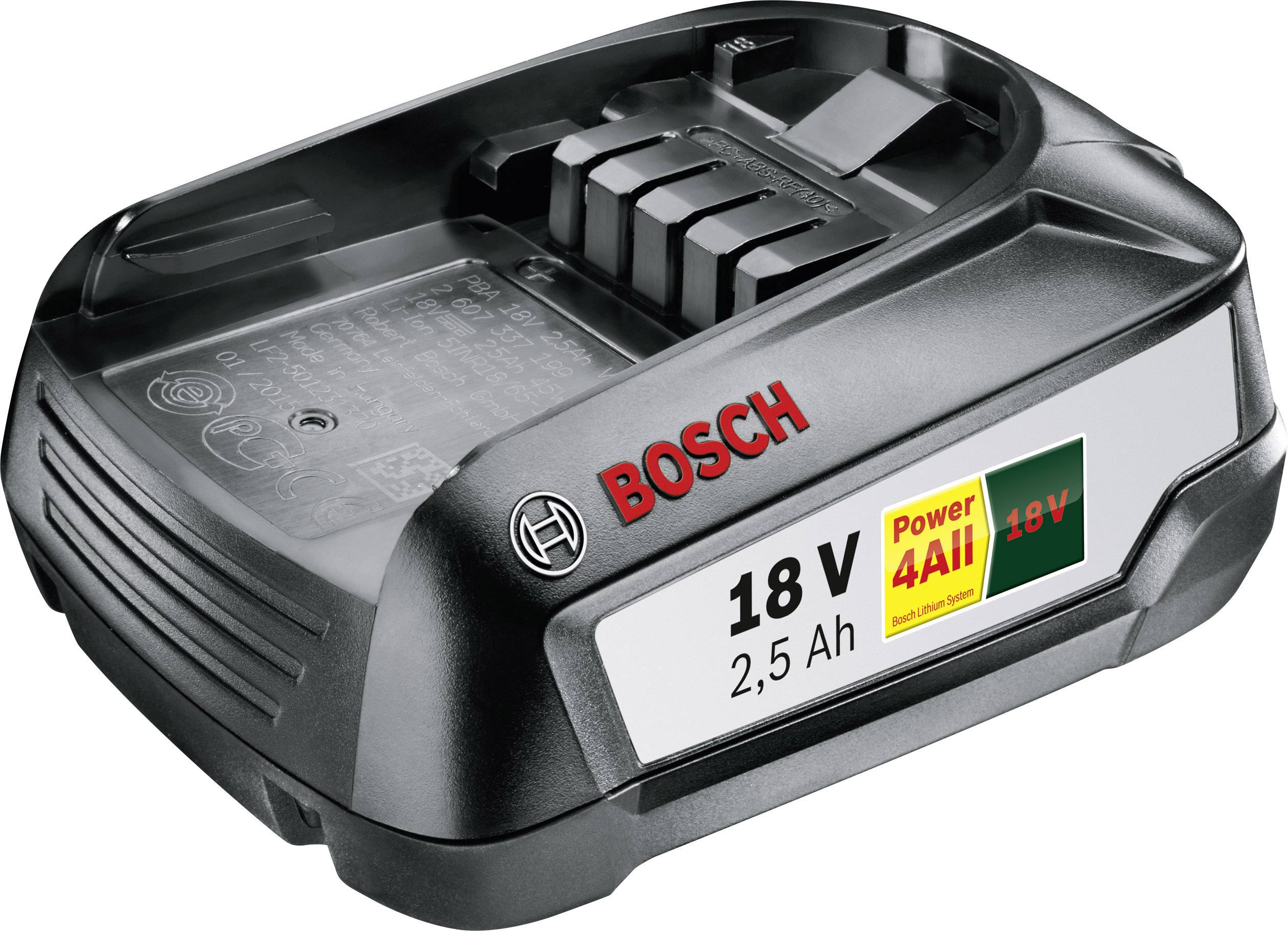 Batteria agli ioni di litio Bosch, 18 Volt, 2,5 Ah, con etichetta 'Power for All'. Involucro in plastica, compatibile con diversi utensili.