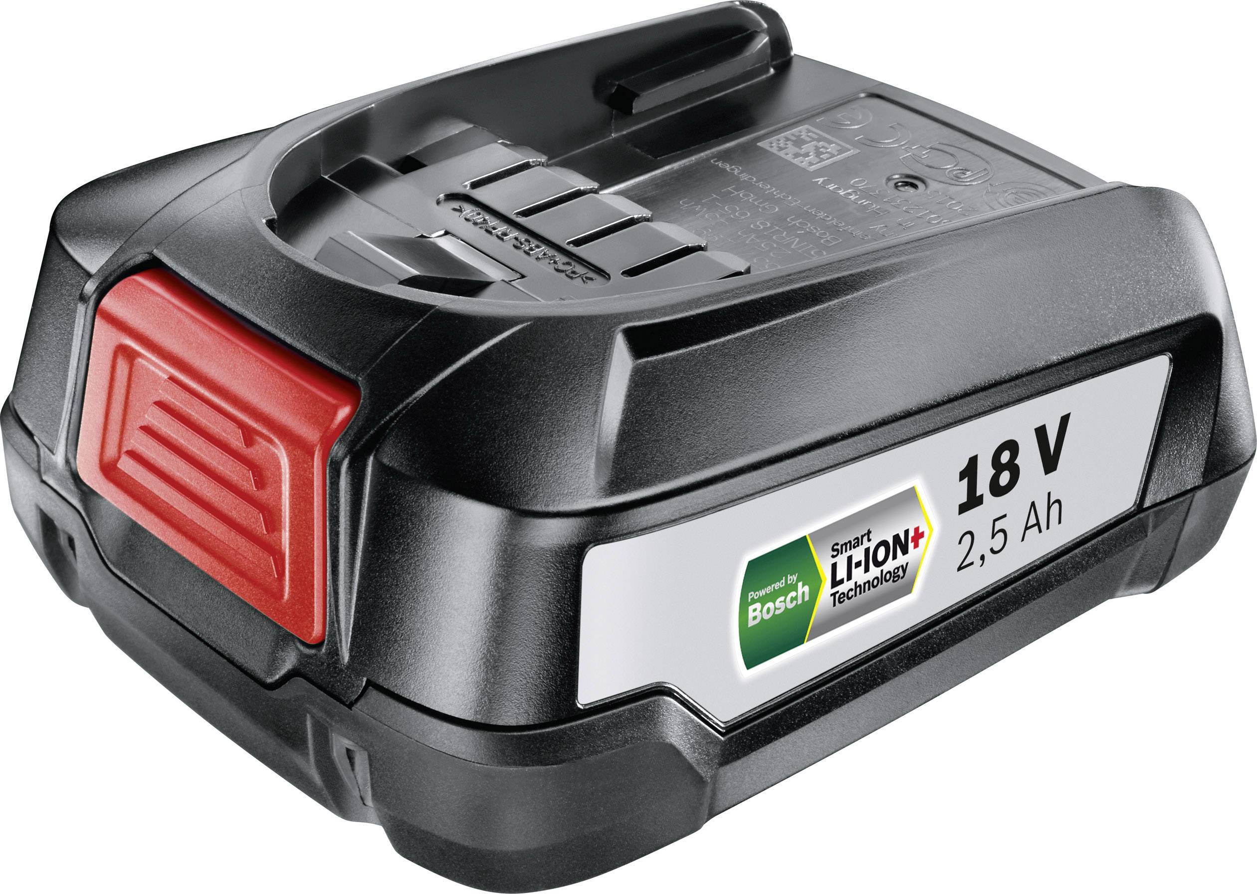 Un accumulatore Bosch 18V con capacità di 2,5 Ah, adatto per utensili cordless. Involucro nero con accento rosso sul lato anteriore.