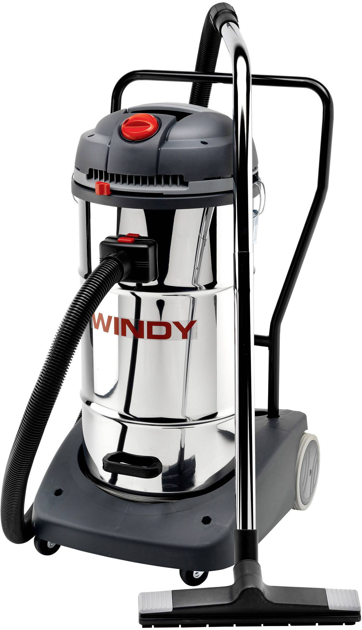 Aspirapolvere industriale in argento e grigio, montato su ruote, con logo rosso 'WINDY', tubi flessibili e manico lungo per una facile gestione.