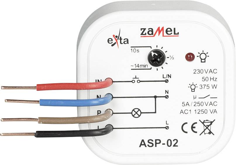 Relè temporizzatore con numero modello 'ASP-02'. Mostra i morsetti, le specifiche elettriche (230VAC, 50Hz, 375W) e il pulsante di regolazione.