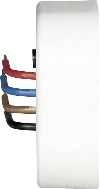 Vista laterale di un dispositivo bianco e rotondo con quattro fili colorati (rosso, blu, marrone, nero) che fuoriescono sul lato sinistro.