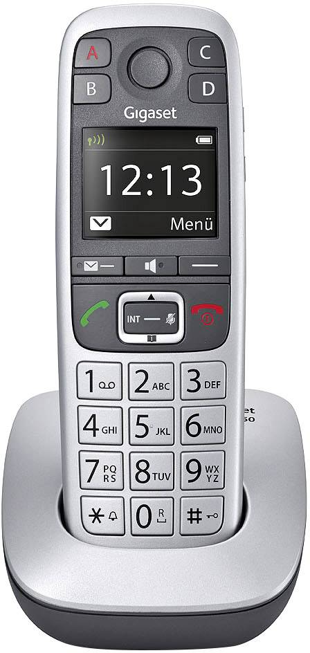 Telefono cordless con stazione base. Il display mostra '12:13' e il menu. Tasti con lettere e numeri per chiamate e impostazioni.