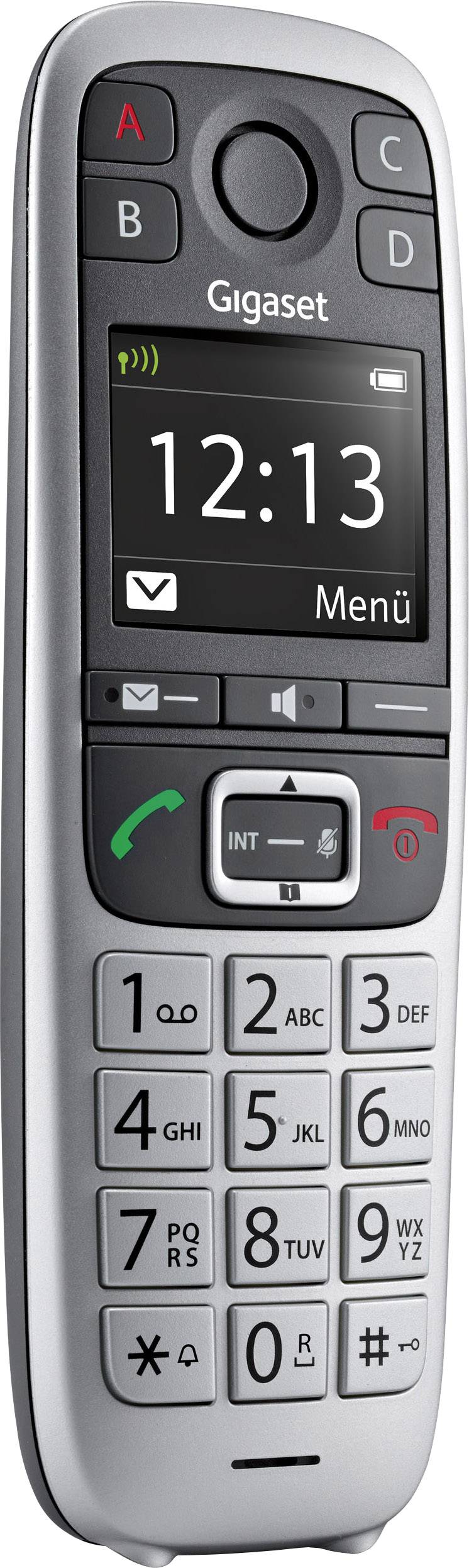 Un telefono cordless argentato con un grande display; mostra l'ora '12:13'. Tasti per rispondere e terminare le chiamate, nonché un tastierino numerico.