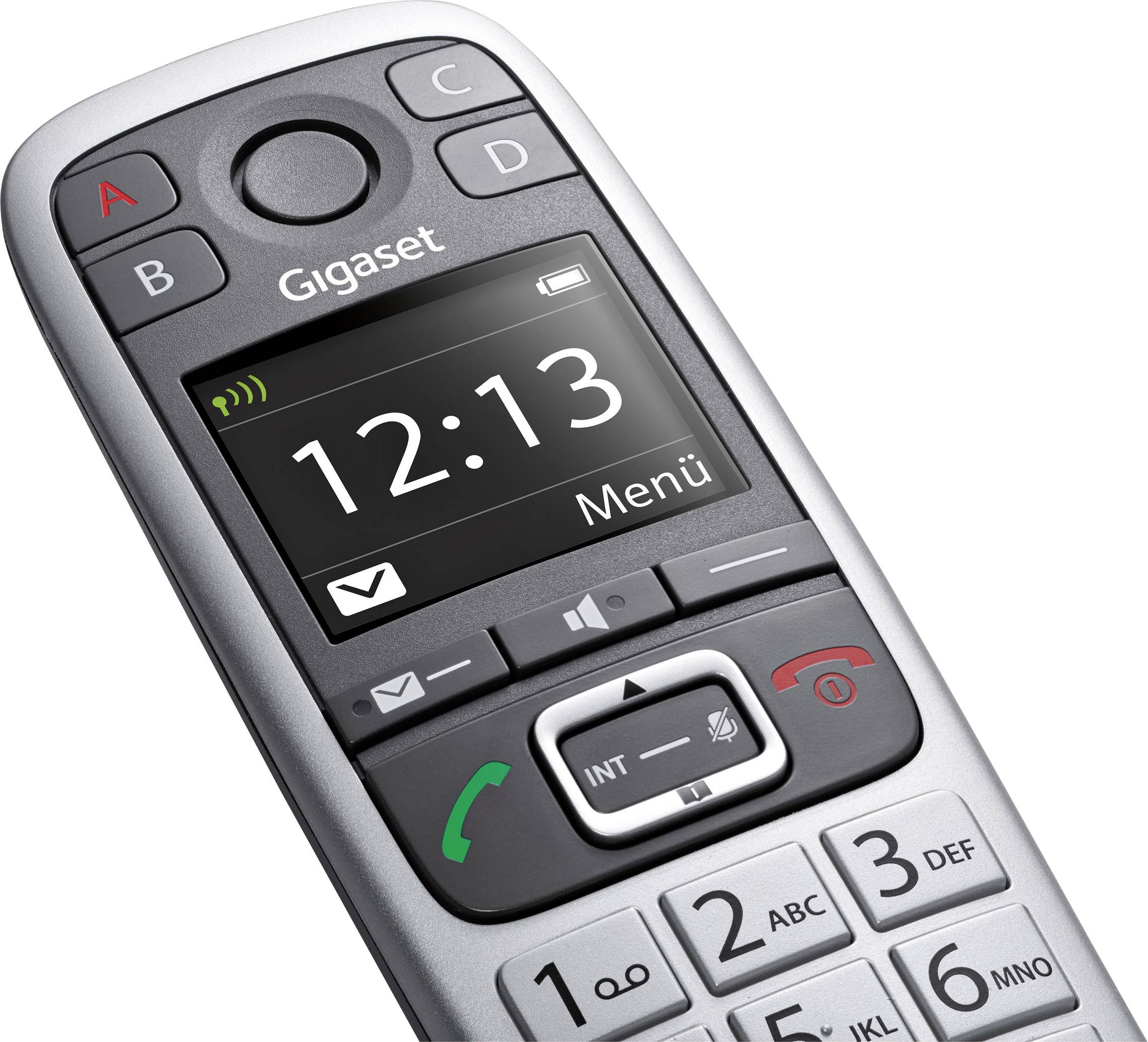 Telefono cordless portatile con display digitale che mostra l'ora 12:13. Tasti visibili per telefonare, accedere al menu e navigare.