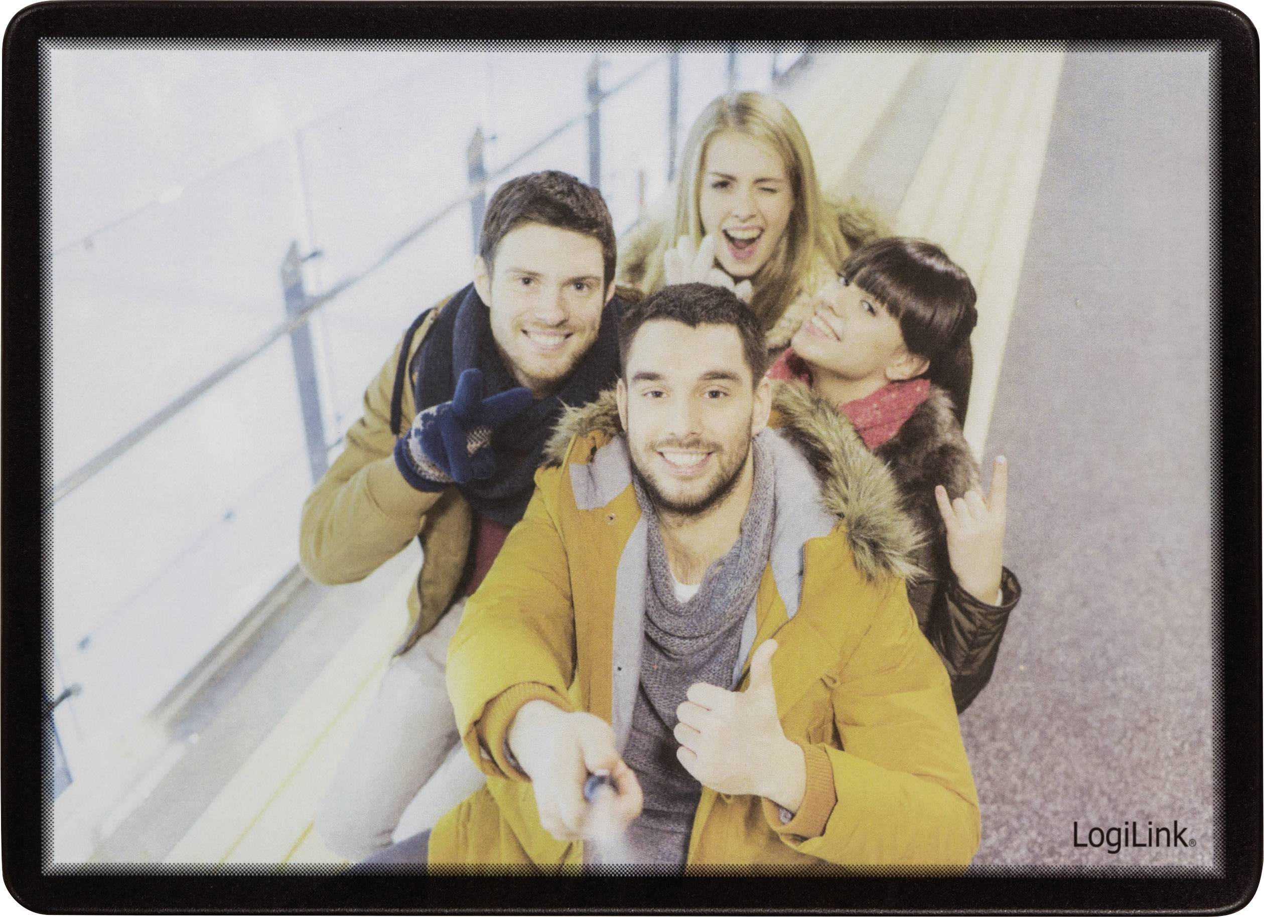 Quattro persone allegre sono sedute su una scala e si fanno un selfie. Indossano abiti caldi e sorridono alla fotocamera.