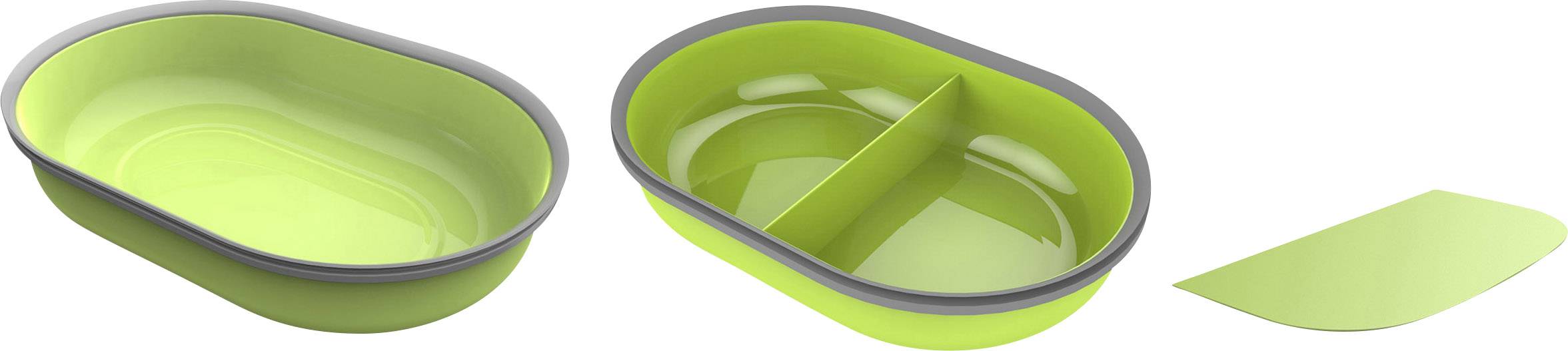 Set di contenitori ovali verdi in plastica: a sinistra contenitore vuoto, al centro con setto divisorio, a destra coperchio sciolto.