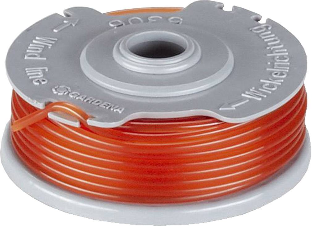 Bobine Gardena con corda arancione, etichettate con 'Wind line' e 'Direzione di avvolgimento'.