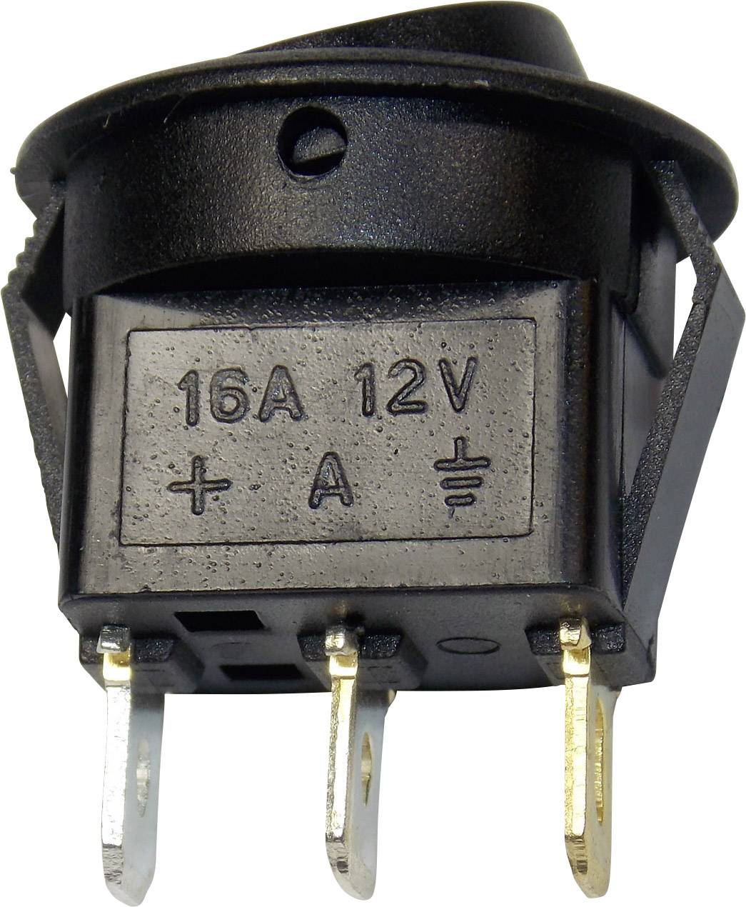 Un interruttore basculante nero con la scritta '16A 12V'. Quattro contatti metallici sporgono dal basso.