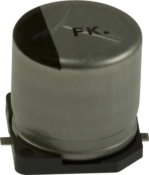 Un condensatore elettronico cilindrico d'argento con la scritta 'FK' sulla parte superiore, montato su una base nera.