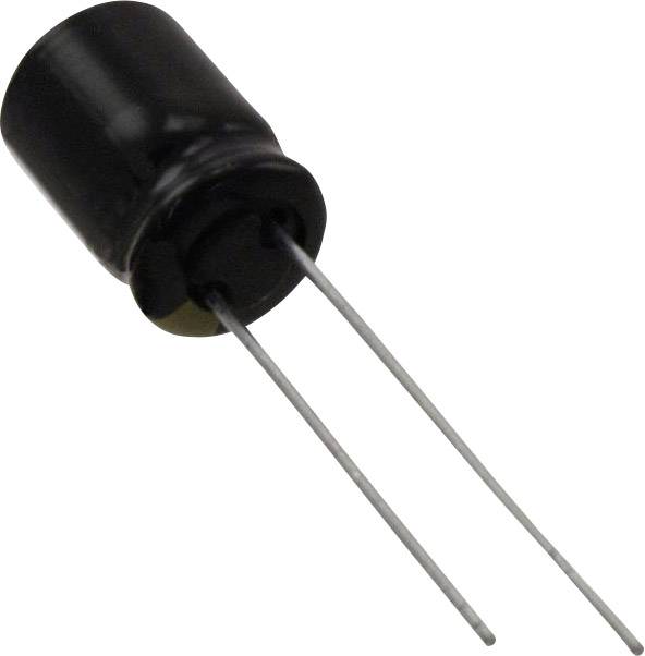 Un condensatore elettrolitico nero, cilindrico, con due lunghe gambe metalliche per il collegamento in circuiti elettronici.