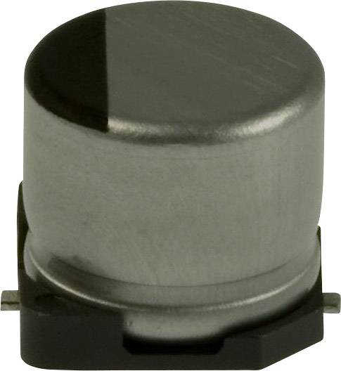Condensatore cilindrico in metallo con base nera, componente elettronico tipico, raffigurato di lato.