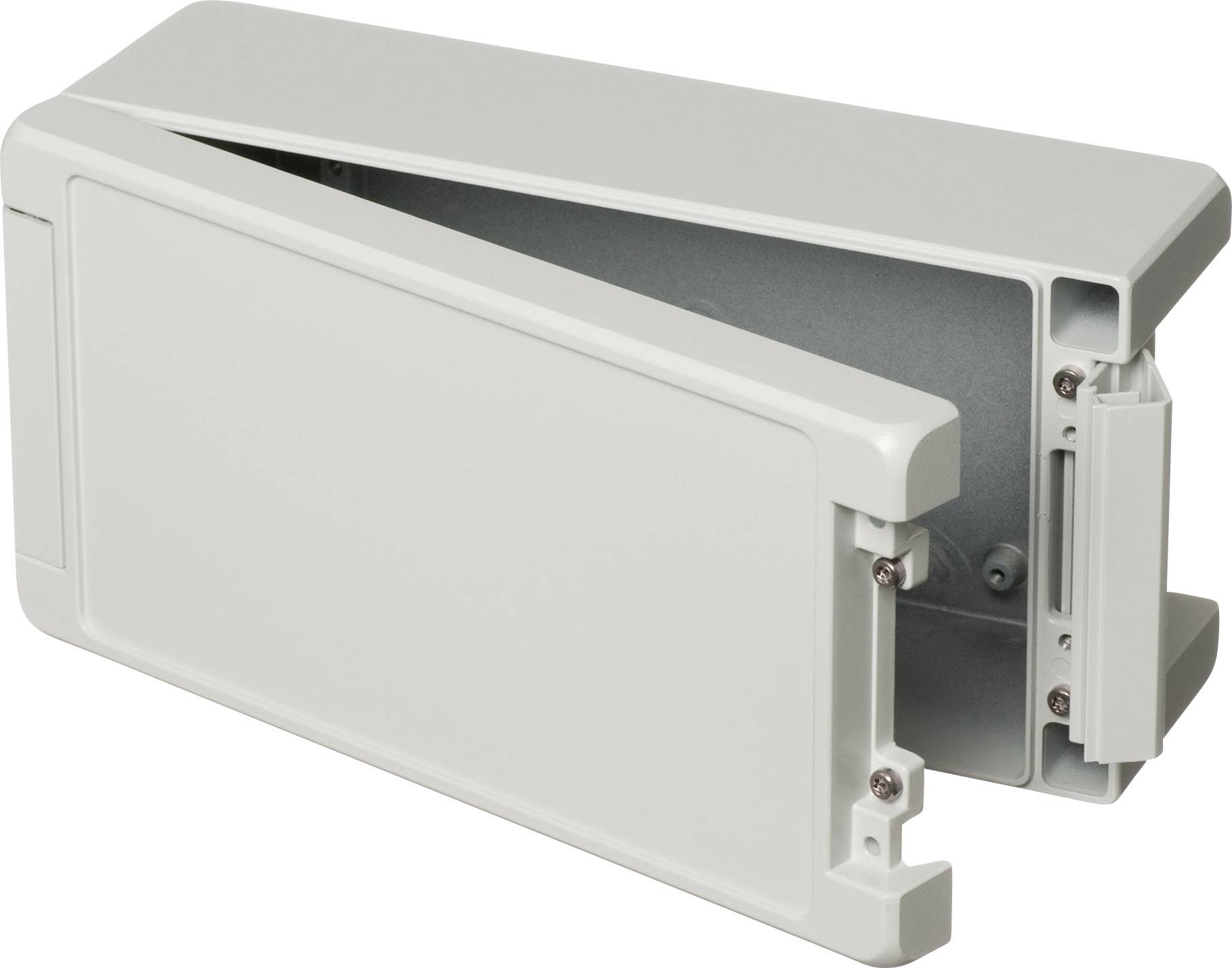 Un involucro grigio, rettangolare con due coperchi rimovibili. Adatto per componenti elettronici o circuiti.