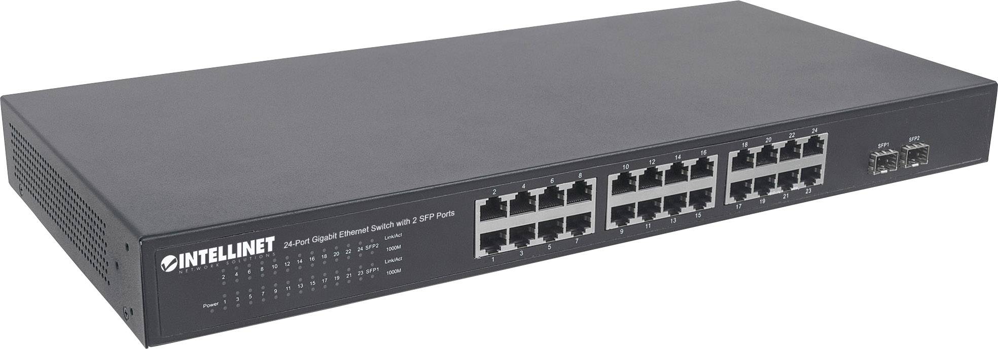 Switch Intellinet a 24 porte Gigabit Ethernet con 24 porte RJ-45 e 2 porte SFP. Dispositivo rettangolare nero.