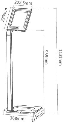 Diagramma di un display standalone. Misure: altezza totale 1137 mm, schermo largo 225 mm, alto 230 mm, base del supporto larga 300 mm.