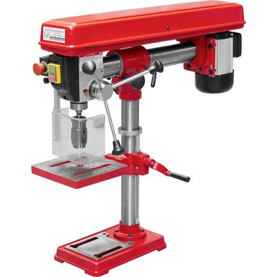 Una trapano da tavolo rosso con testina, tavolo metallico regolabile e leva, adatto per forature precise su pezzi di lavoro.
